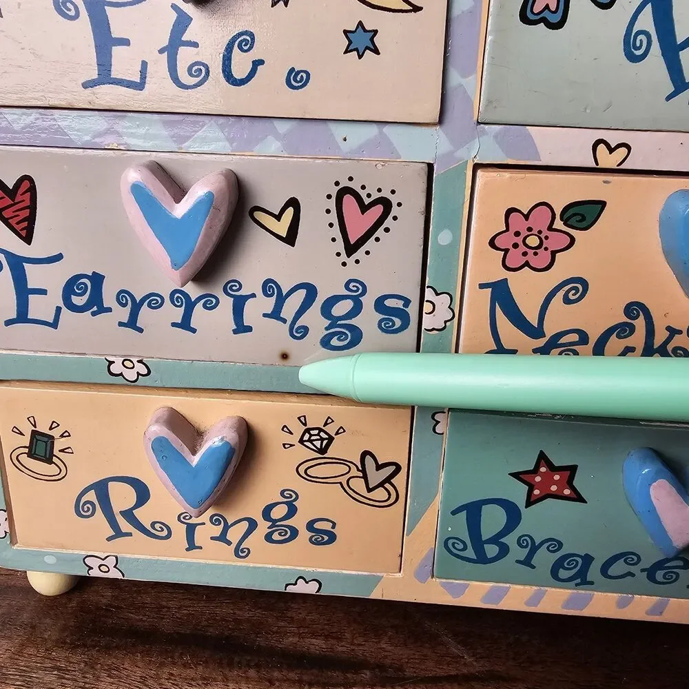 Vintage Lillian Vernon Y2K Girls Wooden Jewelry Chest 6 Drawer Heart Pulls
